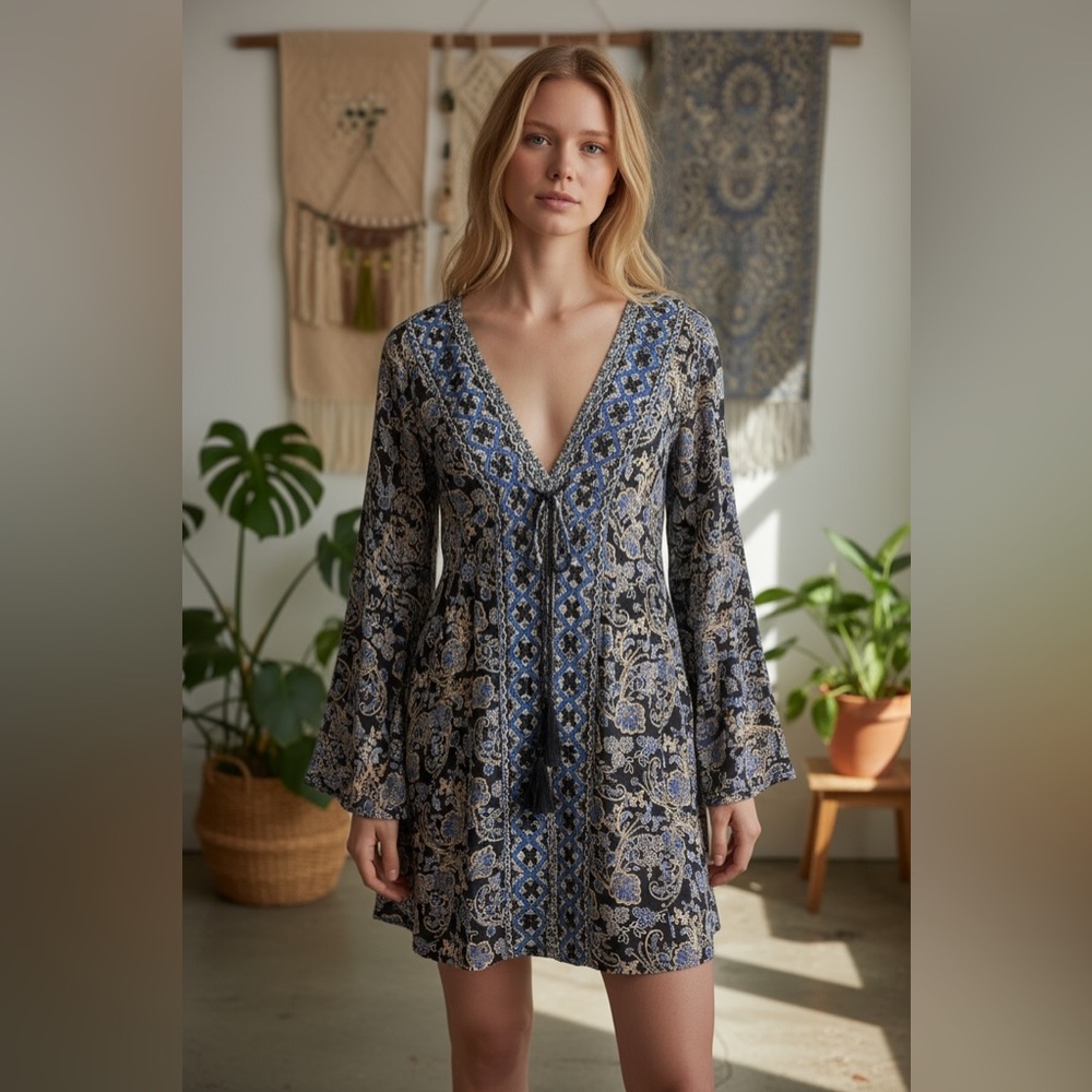 Boho Floral Mini Dress with Bell Sleeves Open Back Size L